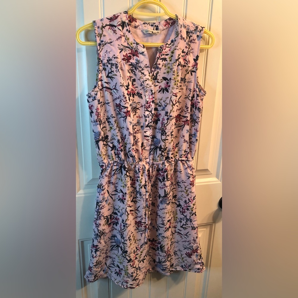 Sleeveless Pink Floral Drawstring Waist Dress